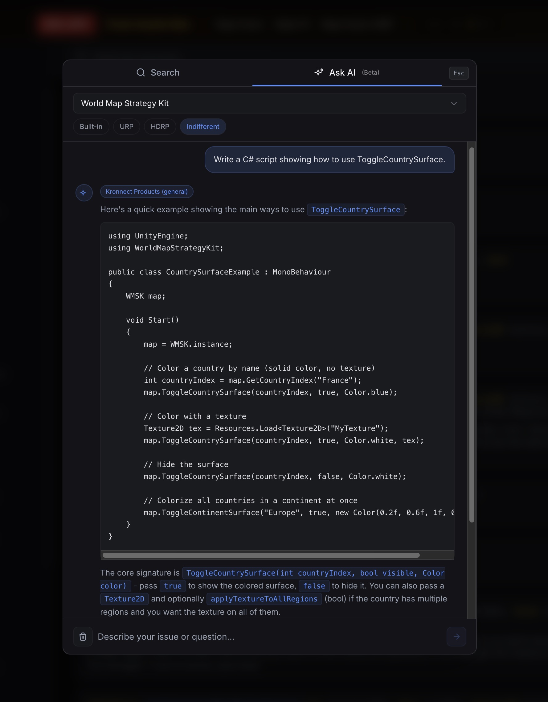 AI assistant generating a working C# script example