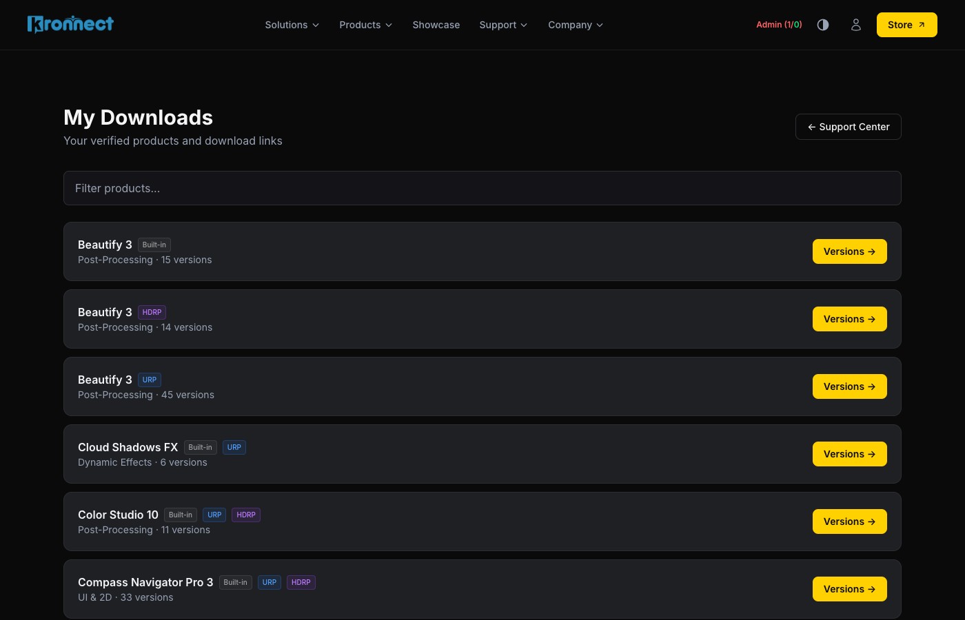 Downloads dashboard showing verified products with pipeline badges and version links