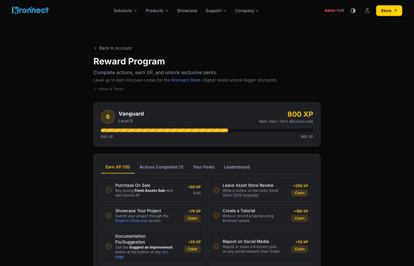 Reward Program dashboard showing level progression, XP bar and available actions