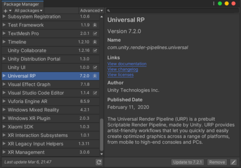 Installing URP from Package Manager