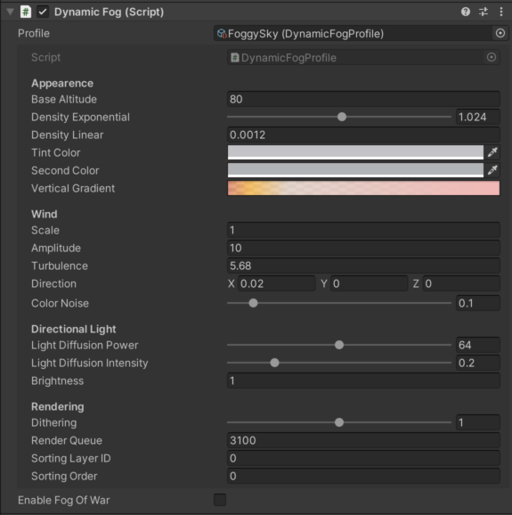 Dynamic Fog profile settings in Inspector