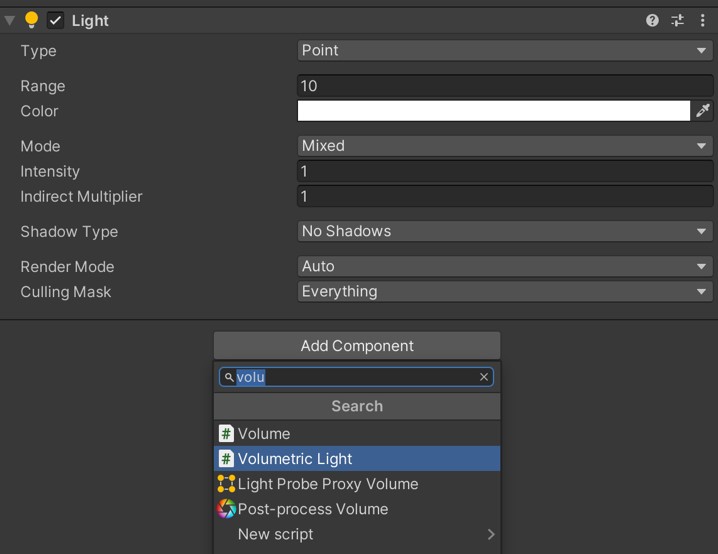 Adding the VolumetricLight component