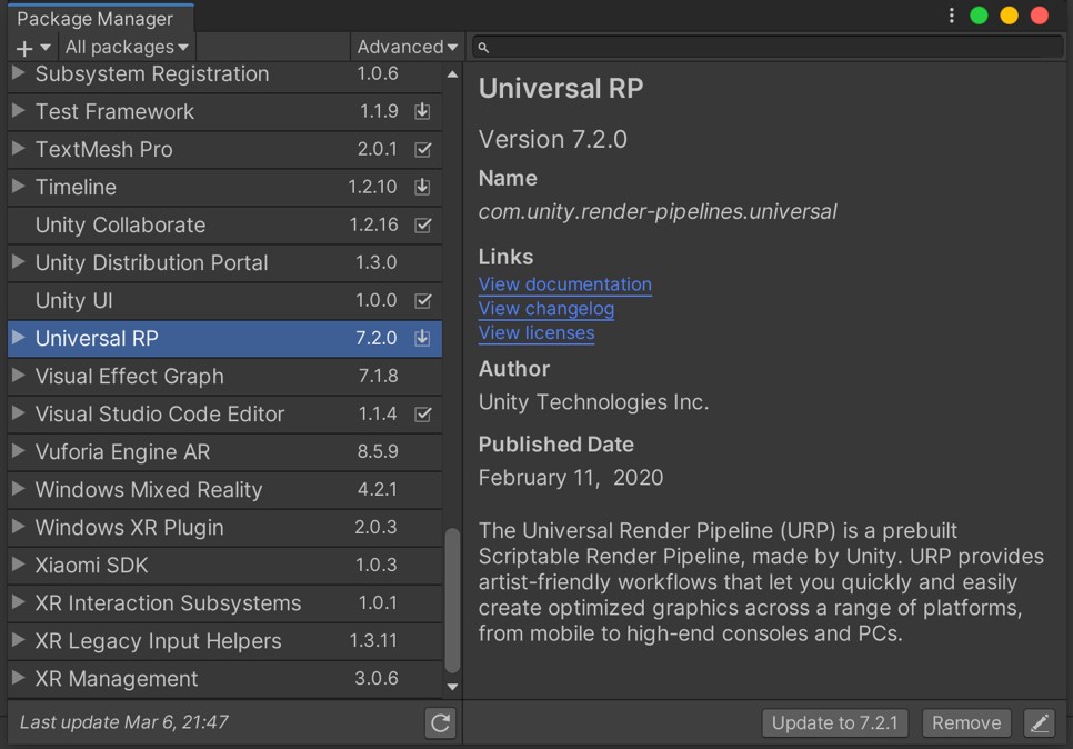 URP in Package Manager